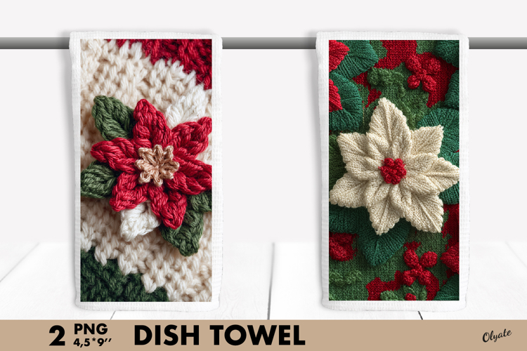 Crochet Poinsettia, Christmas Dish Towel Sublimation Design