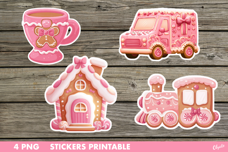 Pink Christmas Stickers PNG. Gingerbread Stickers Printable