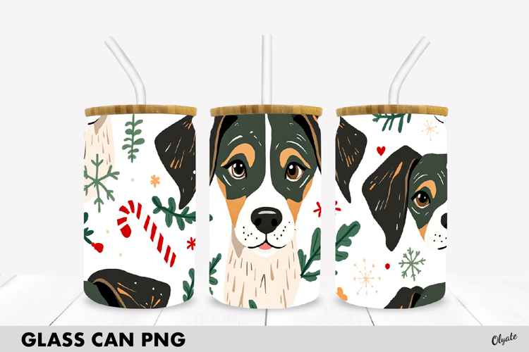 Christmas Dog 16 OZ Glass Can Wrap PNG. Winter Sublimation
