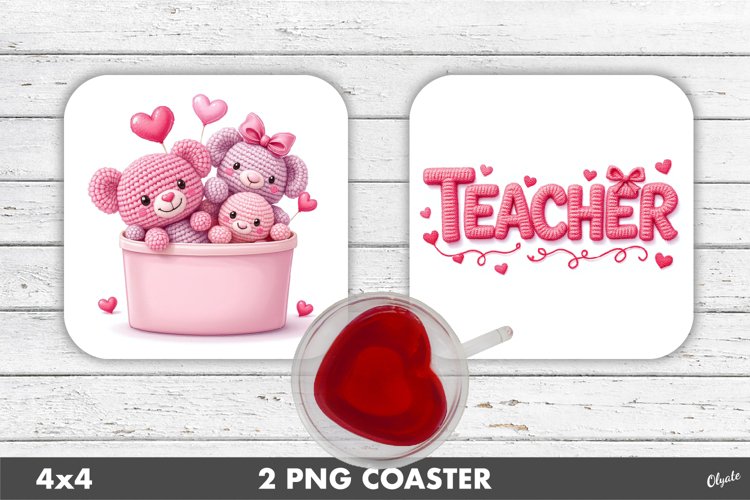 Pink Teacher Knitting, Valentine Coaster PNG