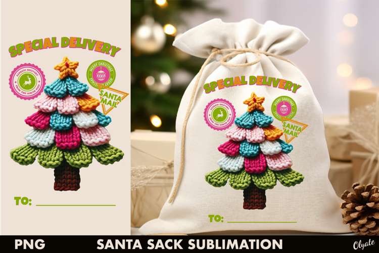 Santa Sack Sublimation PNG, Knitting Chrismas Tree PNG