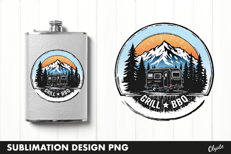 BBQ Retro Round Sublimation PNG, Flask BBQ Grill PNG