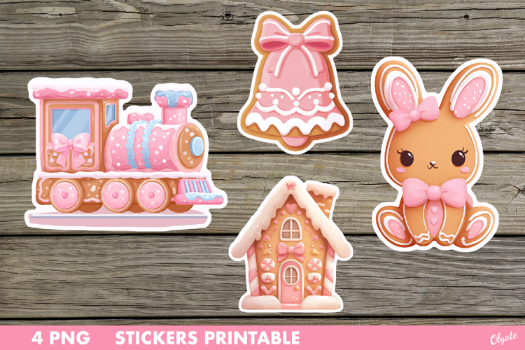 Pink Christmas Stickers PNG. Gingerbread Stickers Printable