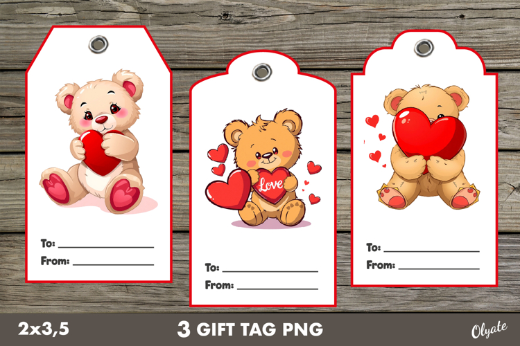 Valentine Gift Tag PNG. Cute Teddy Bear Labels PNG