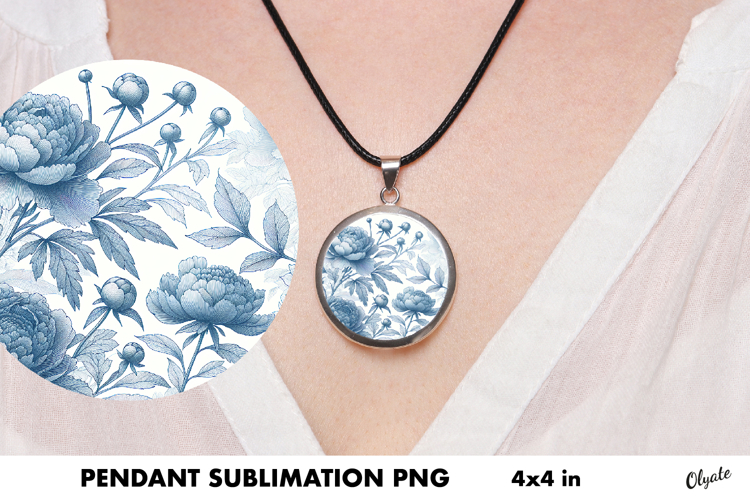 Blue Peony Jewelry Sublimation. Cirkle Pendant Sublimation
