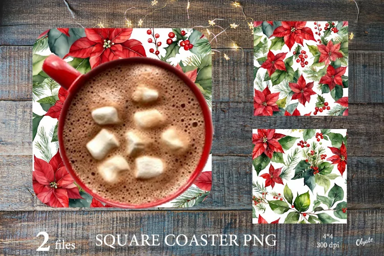Christmas Coaster PNG. Poinsettia Coaster Sublimation