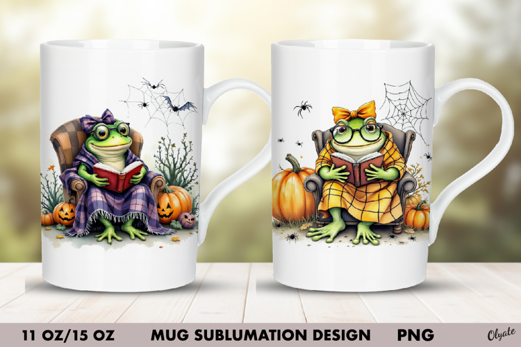 Frog with Book Mug Sublimation Wrap. Halloween Mug Design