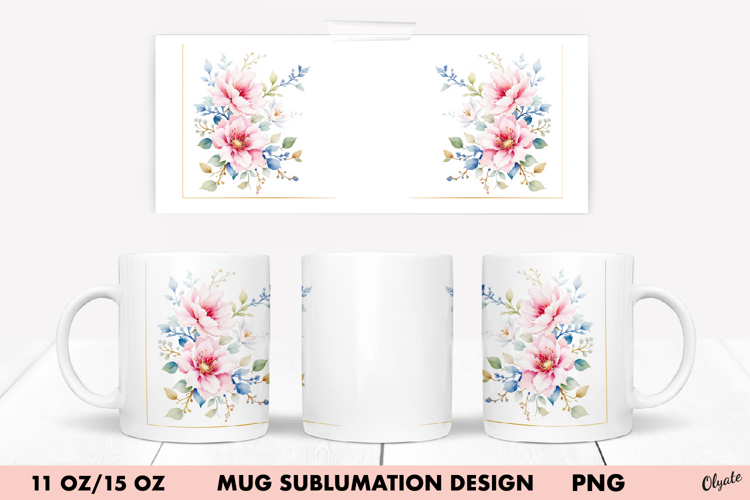 Watercolor Flower Mug Wrap Sublimation. 11 OZ, 15 OZ Mug