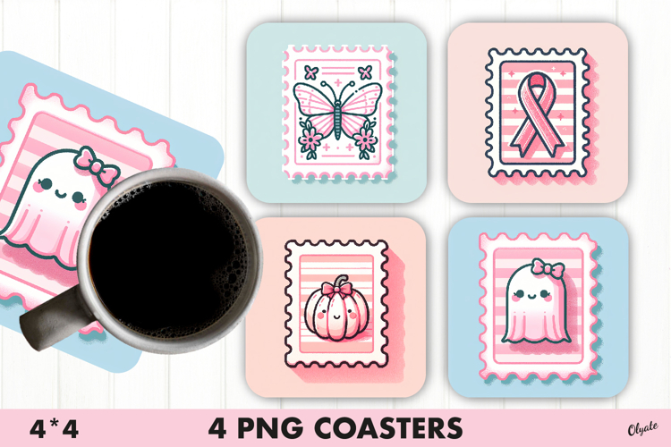Pink Stamp Coaster. Cancer Awareness Coaster PNG
