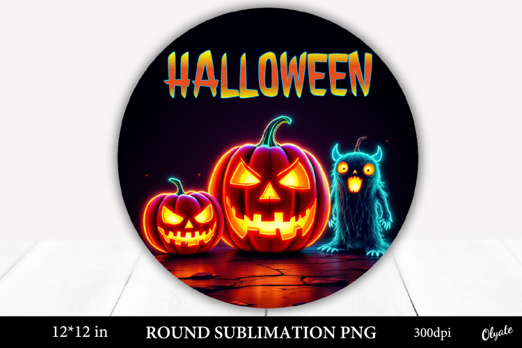 Neon Pumpkin Halloween Round Sign Sublimation PNG