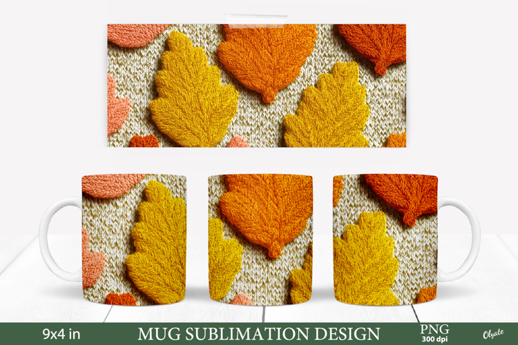 Cozy Fall Mug Sublimation Wrap PNG. Knitting Leaves PNG