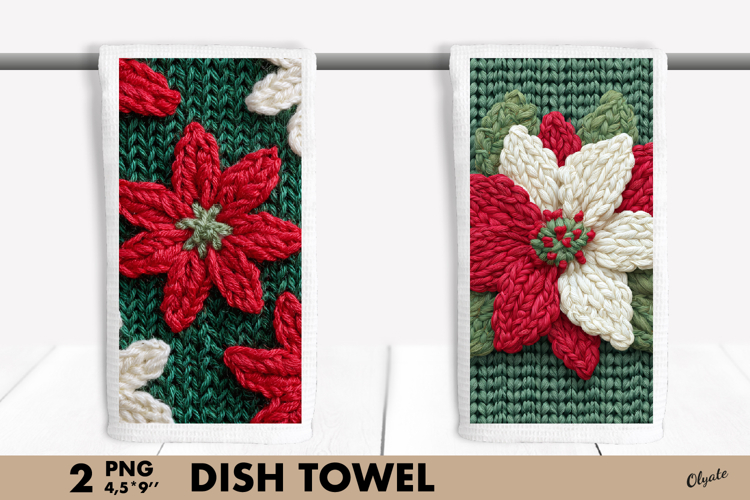 Crochet Poinsettia, Christmas Dish Towel Sublimation Design