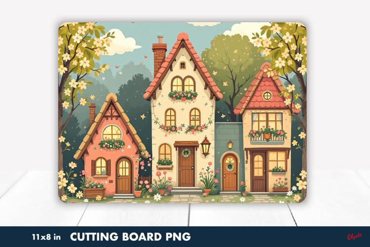Spring Cutting Board PNG, Cozy Spring Scandinavian Cabins