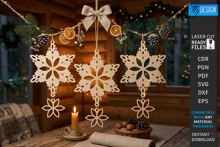 Wooden Christmas Ornament Laser Cut | Hanging Snowflake SVG