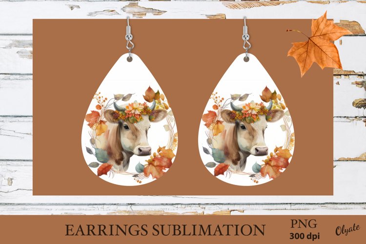 Autumn Cow Earrings Teardrop. Cow Earrings PNG