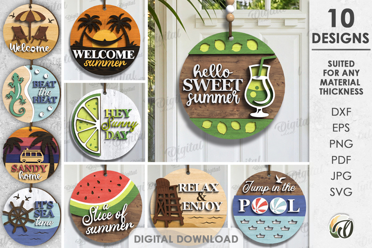 3D Summer Round Signs Bundle Laser Cut. Welcome sign SVG
