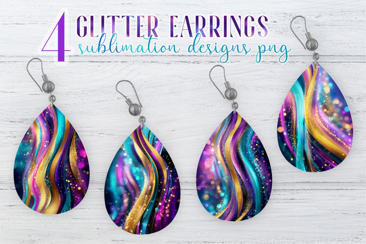 Glitter Earrings Sublimation|Golden Pink Blue Waves Teardrop