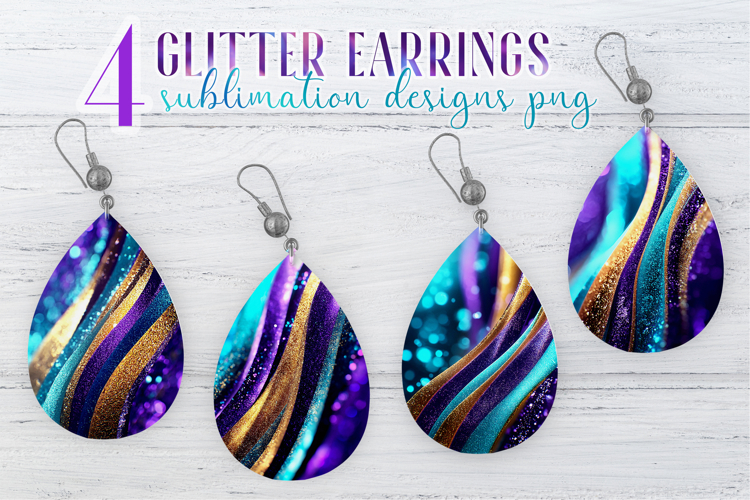 Glitter Earrings Sublimation | Teal Golden Stripes Teardrop