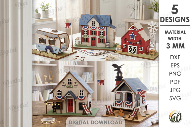 3D 4th Of July Houses Bundle Laser Cut. Stand Decor SVG