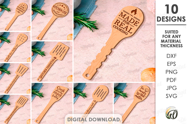Engraved Wooden Spatulas Bundle Laser Cut. Kitchen Decor SVG