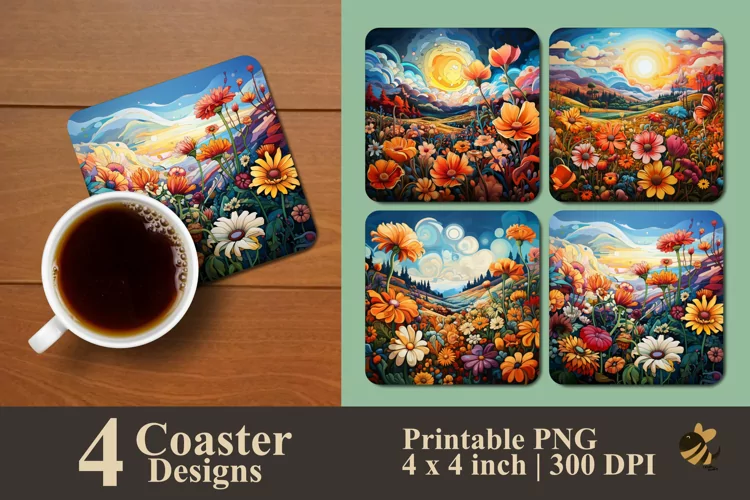 Cheerful Flowers Coaster Sublimation Designs