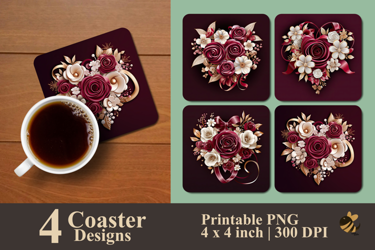 Maroon Flower Heart Coaster Sublimation Design