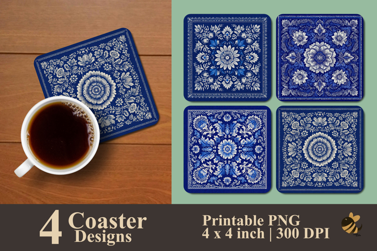 Blue Floral Coaster Sublimation Design