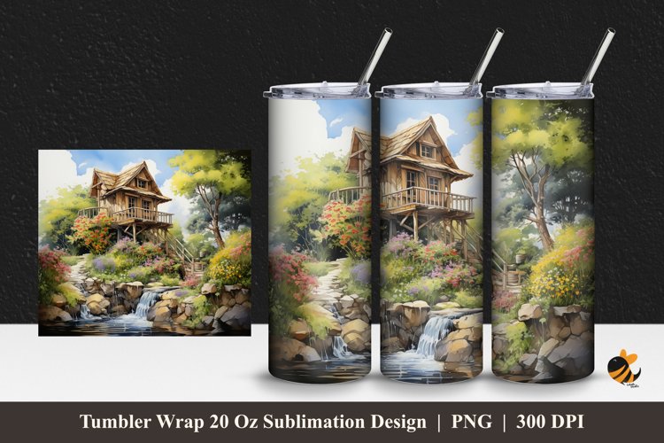 Tree House Tumbler Wrap Sublimation Design 1
