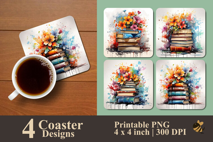 Book And Flower Coaster Sublimation Design example image 1