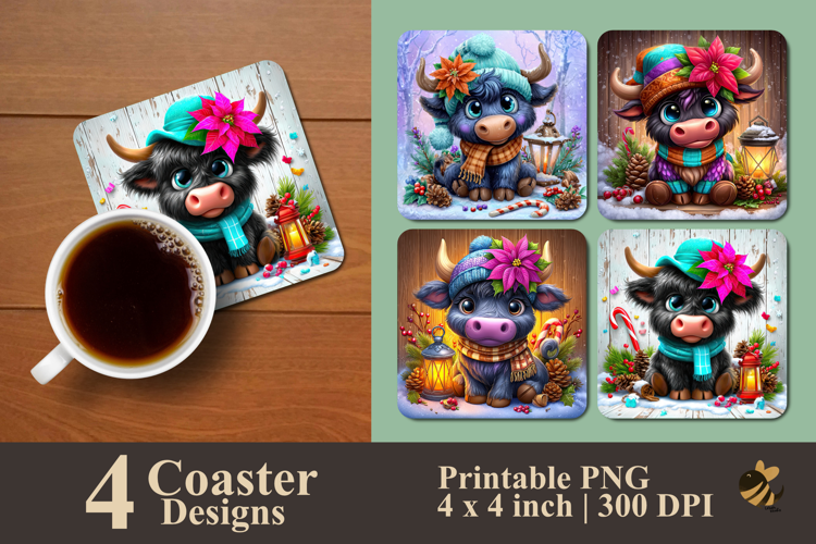 Little Black Highland Cattle Coaster Sublimation Design