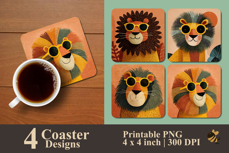 Whimsical Funky Lion Coaster Sublimation Design example image 1