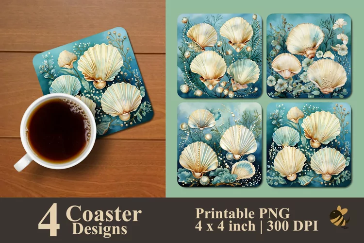 Shell And Pearl Coaster Sublimation Designs