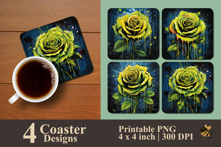 Blooming Green Rose Coaster Sublimation Design