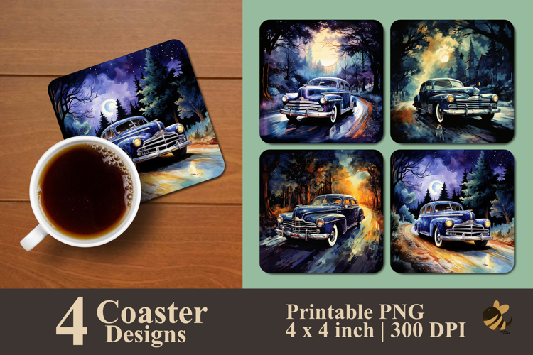 Retro Moonlit Drive Coaster Sublimation Design