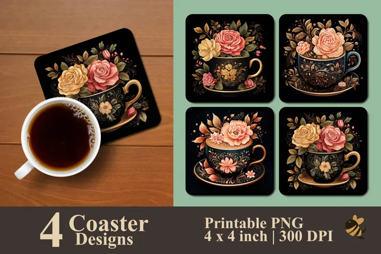 Vintage Floral Coffee Cup Coaster Sublimation Design