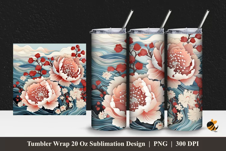Flower And Wave Tumbler Wrap Sublimation Design 1