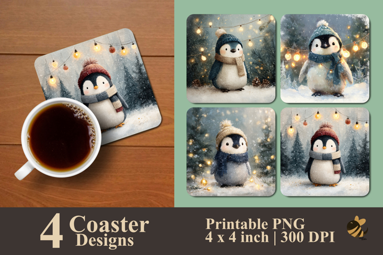 Cute Winter Penguin Coaster Sublimation Design