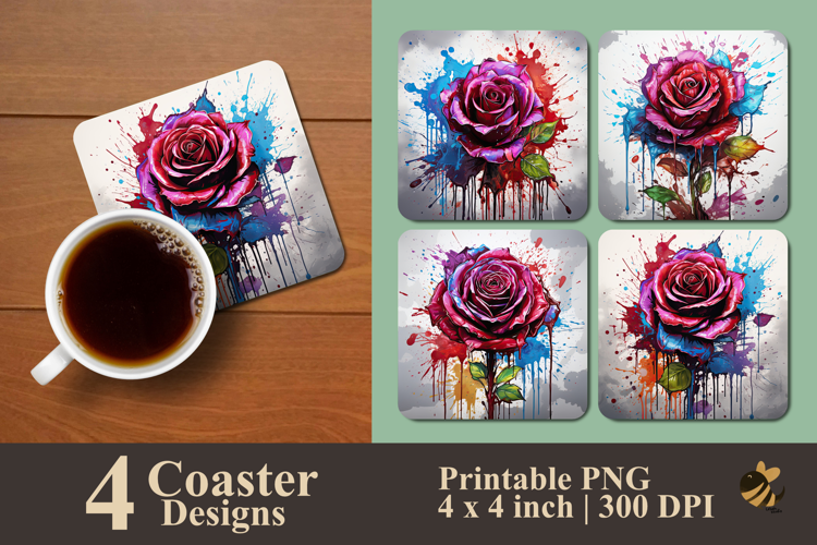 Multicolor Splash Rose Coaster Sublimation Design