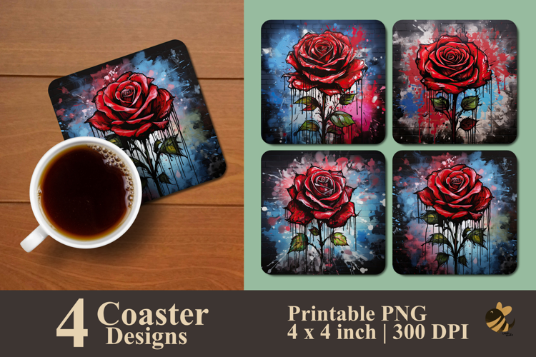 Graffiti Scarlet Rose Coaster Sublimation Design