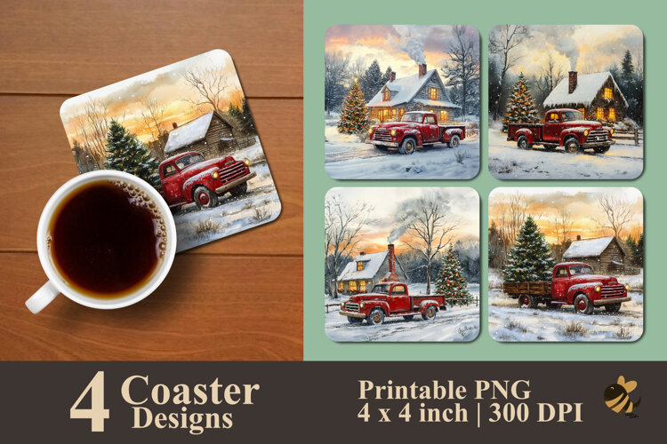 Cozy Village Truck Scene Coaster Sublimation Design example image 1