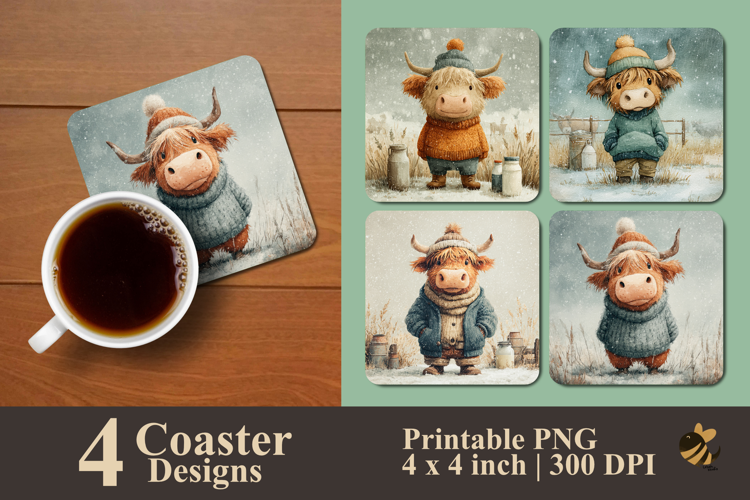 Cozy Sweater Highland Cow Coaster Sublimation Design