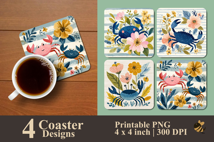 Floral Cute Crab Coaster Sublimation Design