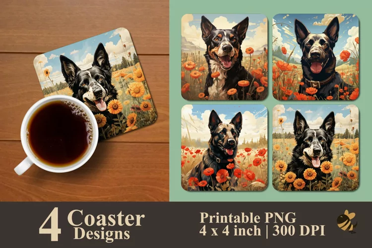 Dog Flowers Coaster Sublimation Designs