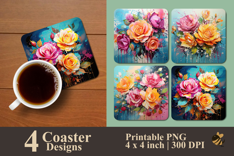 Floral Inkburst Roses Coaster Sublimation Design