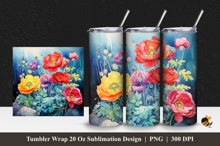 Colorful Ranuculus Tumbler Wrap Sublimation Design 1 example image 1
