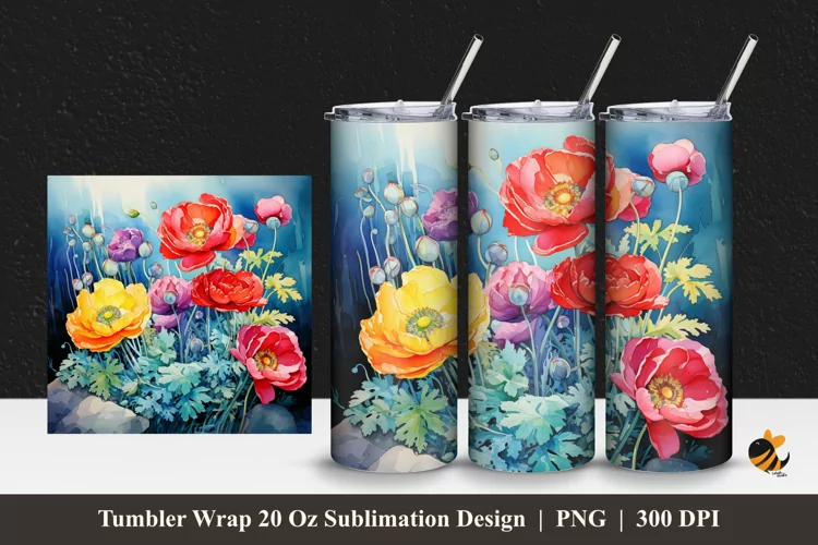 Colorful Ranuculus Tumbler Wrap Sublimation Design 1