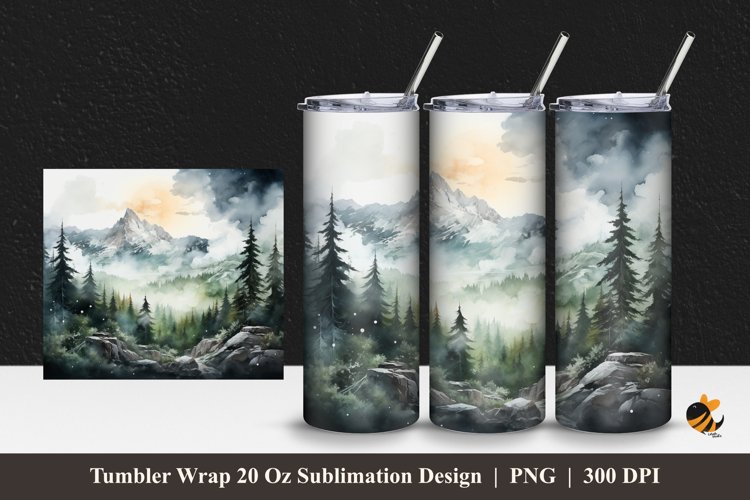 Watercolor Mountain Forest Tumbler Wrap Sublimation Design 1 example image 1