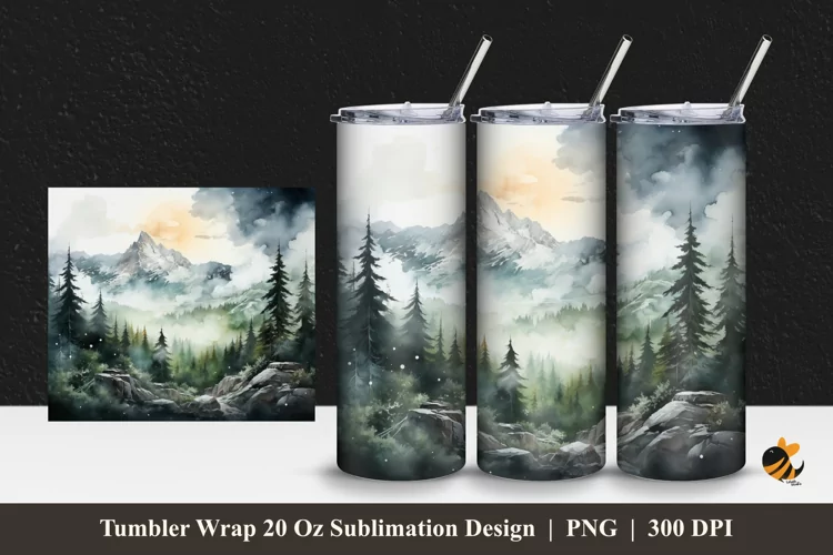 Watercolor Mountain Forest Tumbler Wrap Sublimation Design 1