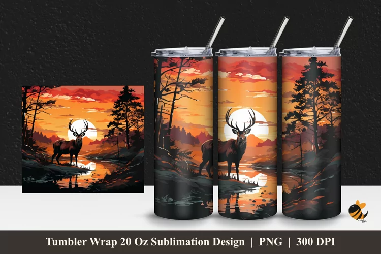 Deer And Sunset Tumbler Wrap Sublimation Design 1