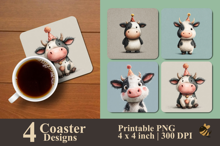 Cow Wearing Birthday Hat Coaster Sublimation Design